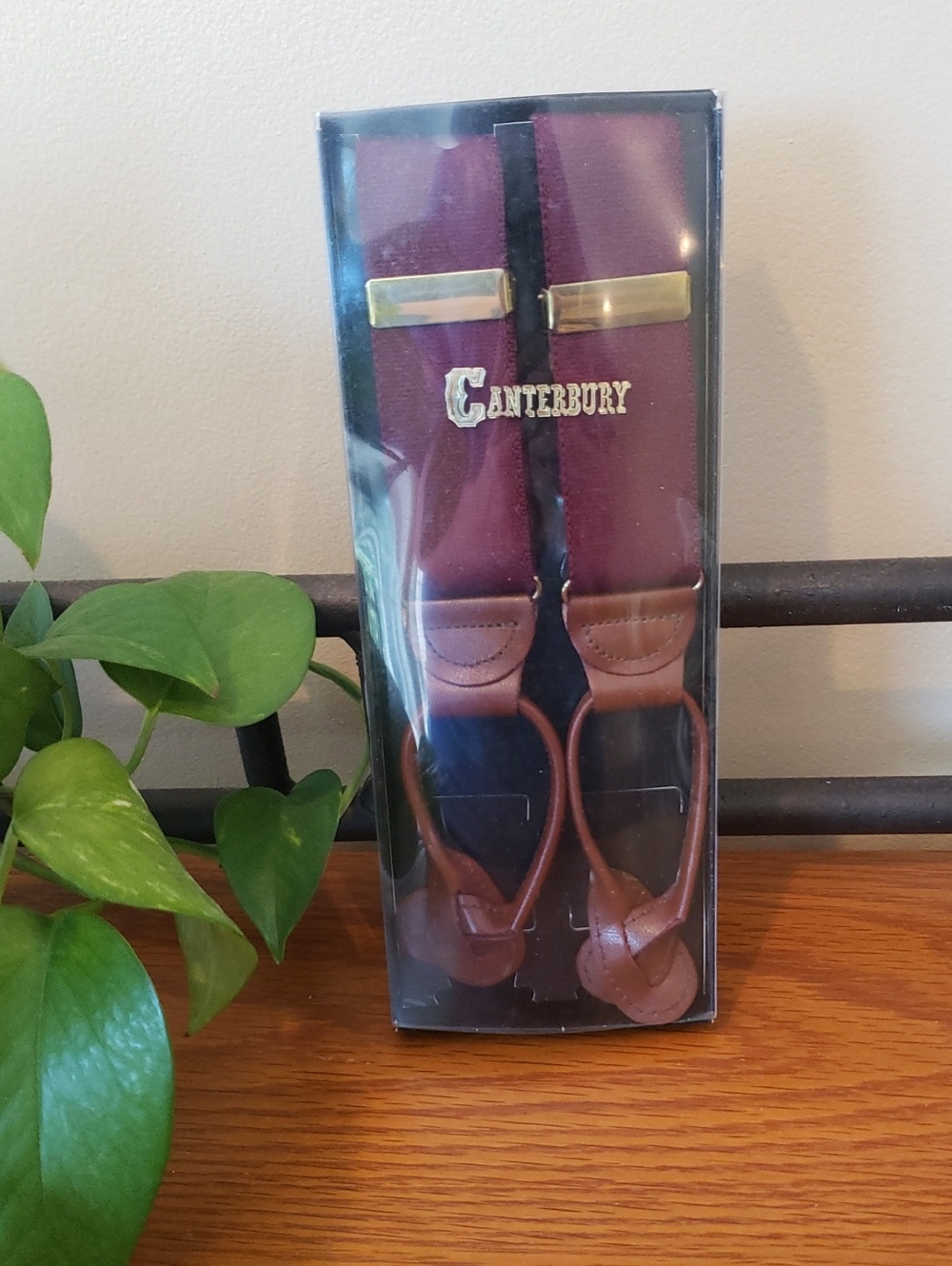 NWT Canterbury Burgundy Suspenders With Brown Leather & Gold Accents - OS